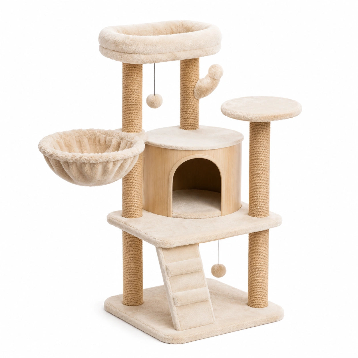 Árbol para gatos de madera, sisal y felpa beige