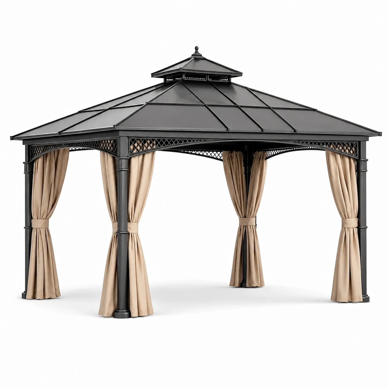 Pérgola de Acero con Techo a Dos Aguas y Cortinas de Poliéster 400x300x270 cm