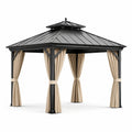 Pérgola de Metal con Cortinas de Poliéster 3x3m Negro y Beige