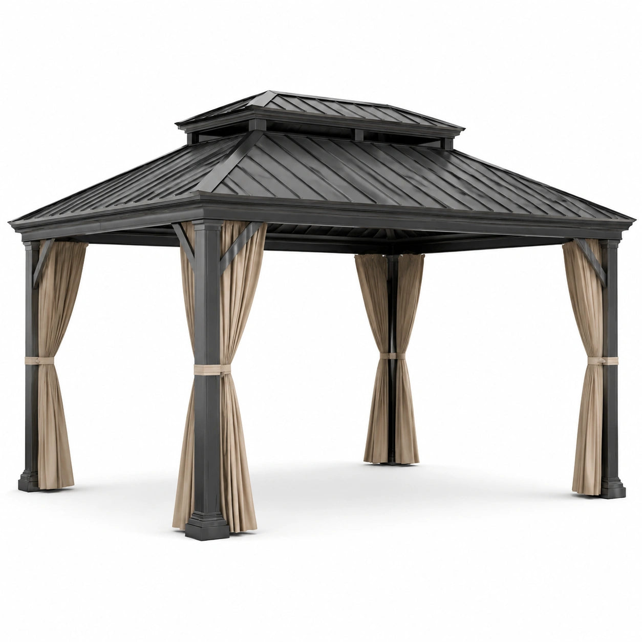 Pérgola para Exterior de Aluminio con Techo de Acero y Cortinas de Poliéster Beige 3x4m