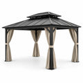 Gazebo de aluminio con techo de acero y cortinas beige