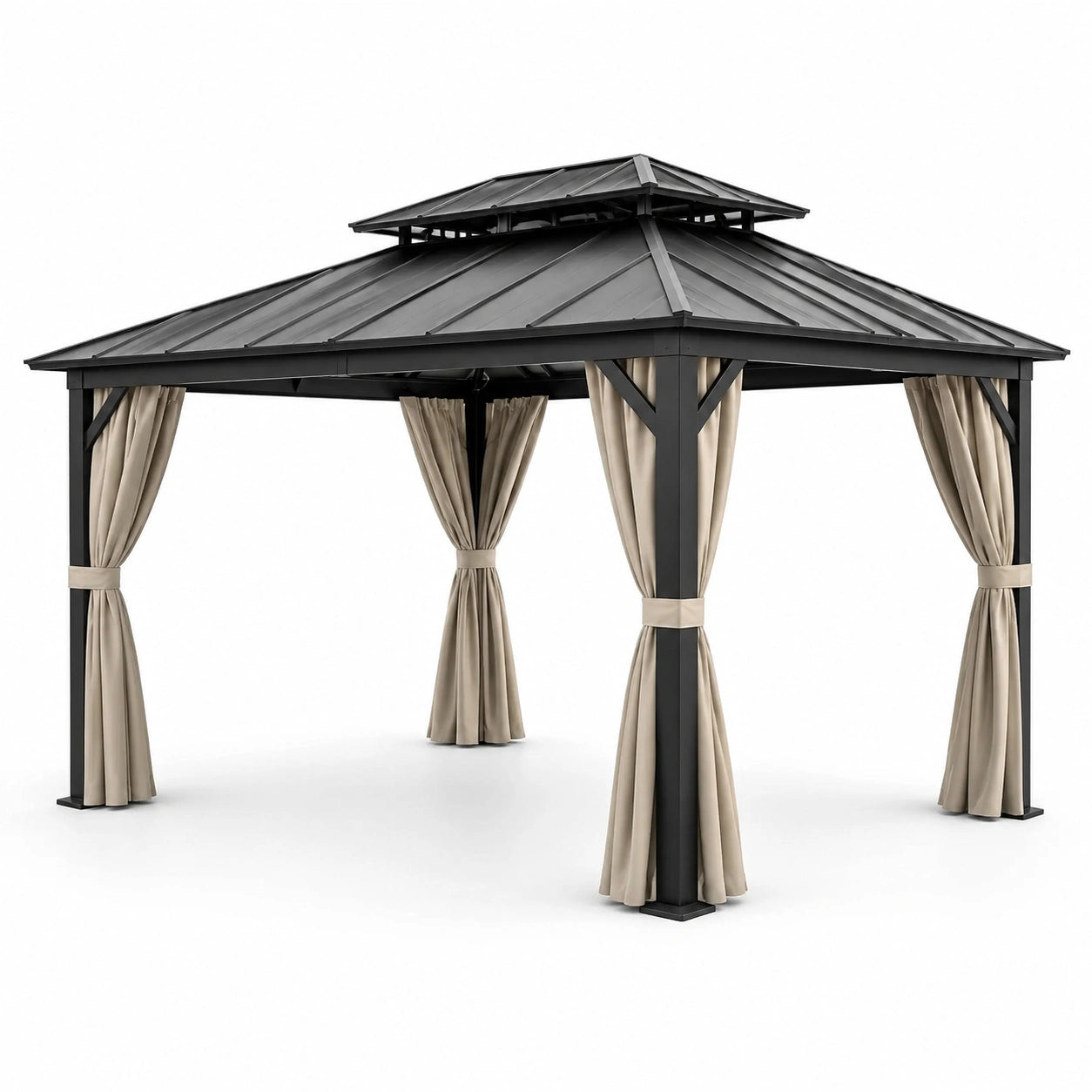 Gazebo de aluminio con techo de acero y cortinas beige