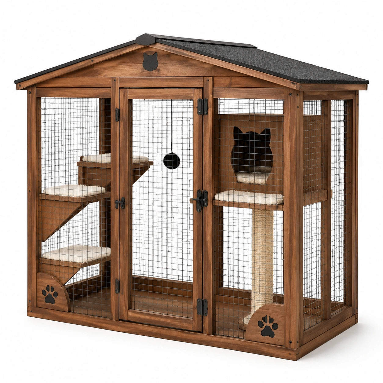Jaula de madera para gatos con malla y techo inclinado