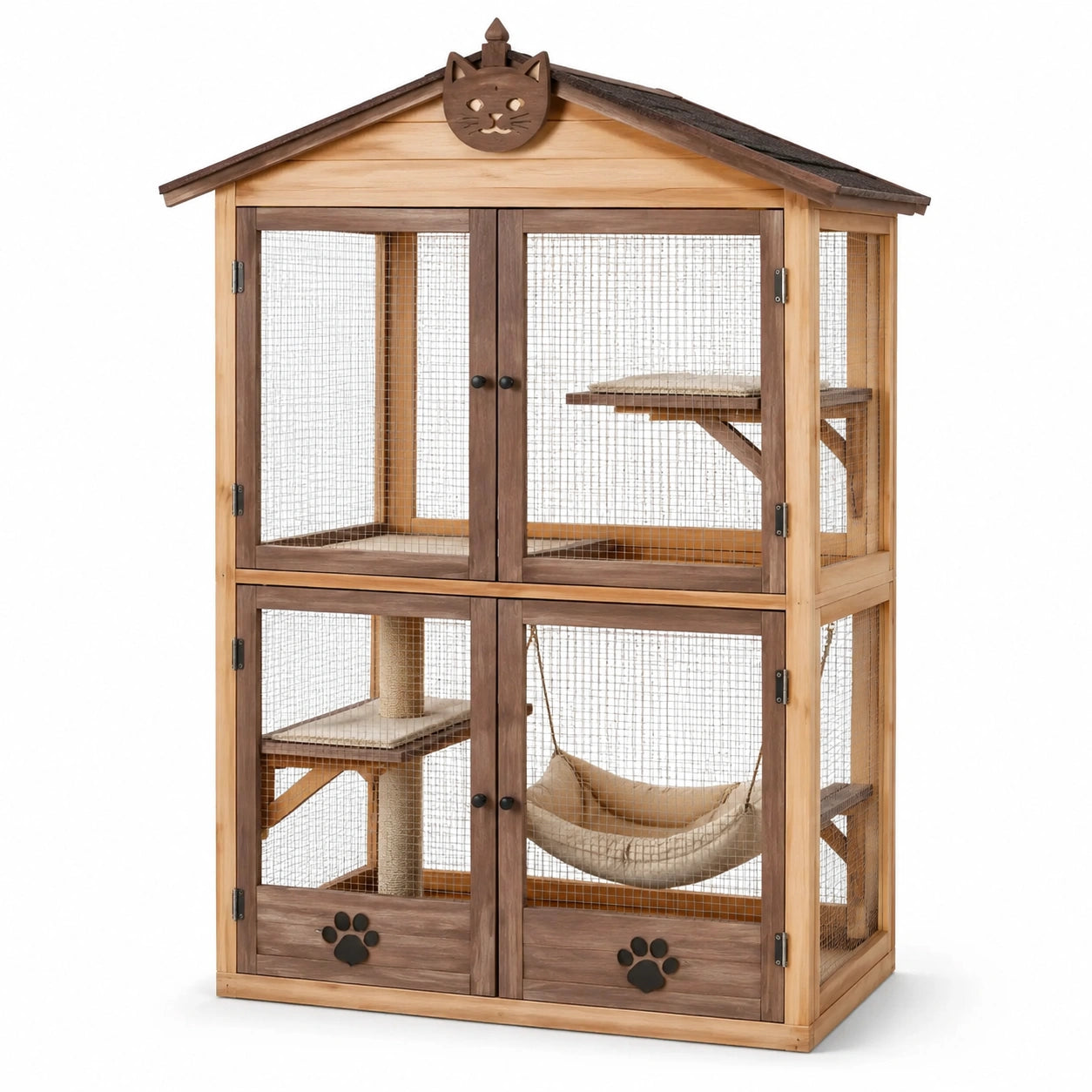 Jaula de madera y malla para gatos con hamaca y plataformas 100x60x150 cm