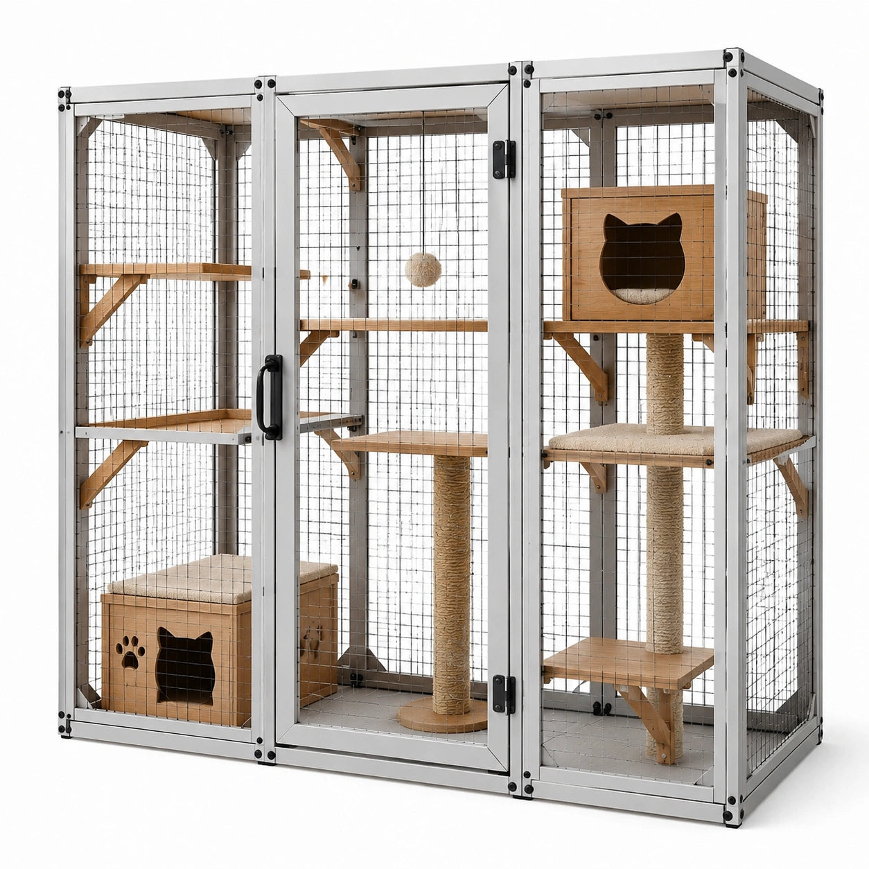 Jaula para gatos con estructura de aluminio y plataformas de madera