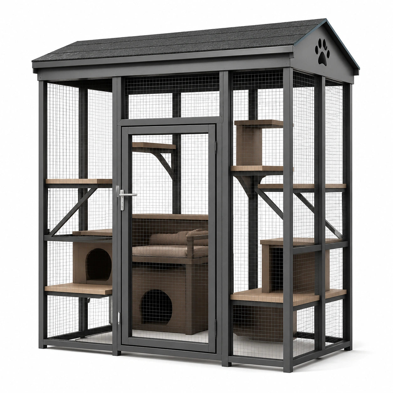 Jaula de metal para gatos con techo inclinado en gris