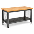 Mesa de trabajo de madera y acero con estante de rejilla
