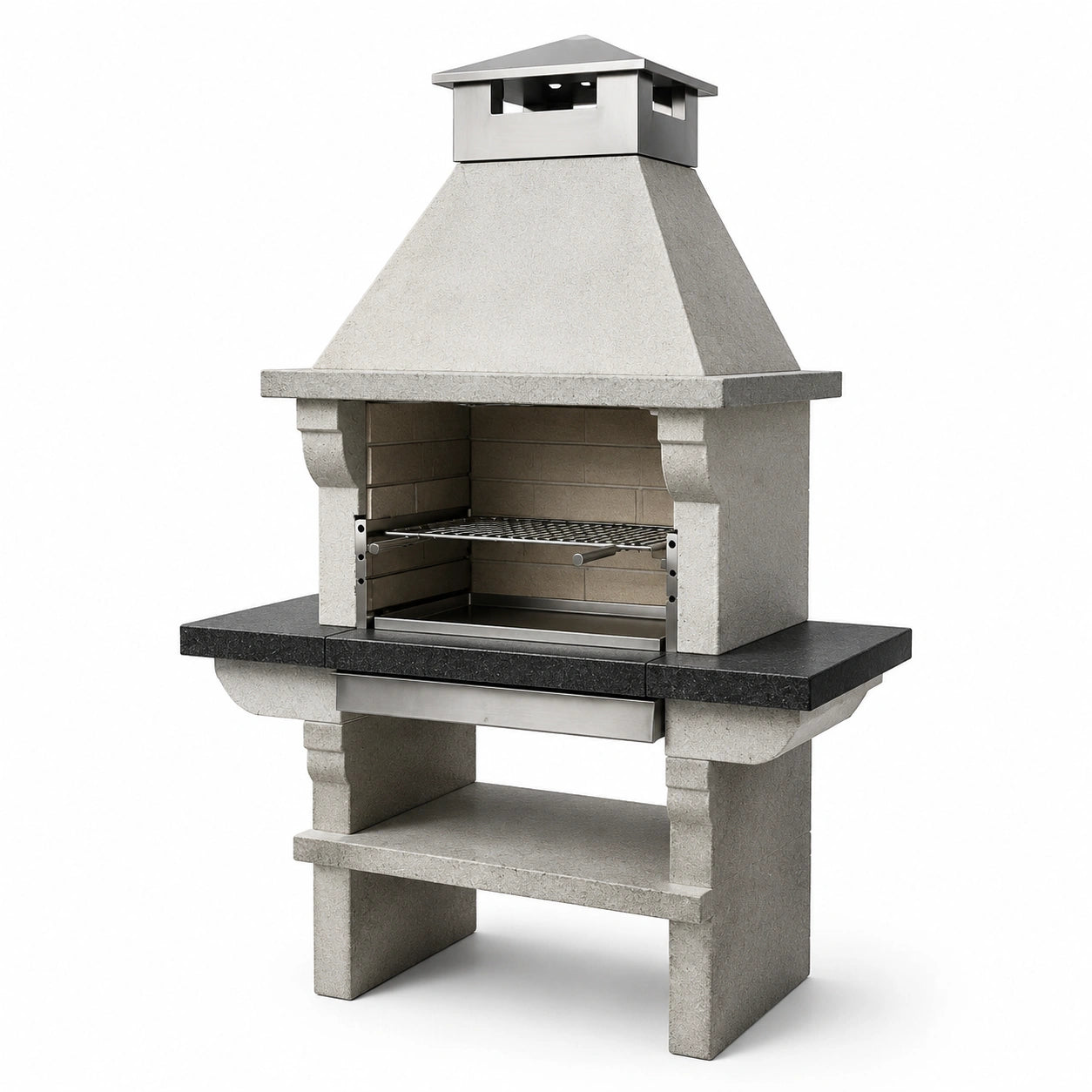 Barbacoa de cemento con parrilla de acero inoxidable y campana galvanizada, gris, 180 cm
