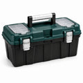 Caja de herramientas de plástico con compartimentos y cierres metálicos verde/negro