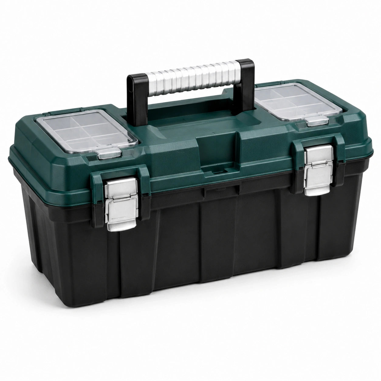 Caja de herramientas de plástico con compartimentos y cierres metálicos verde/negro