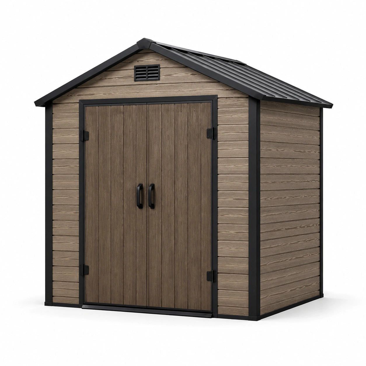 Cobertizo de jardín de resina con puertas y techo de acero marrón 182x188x208 cm