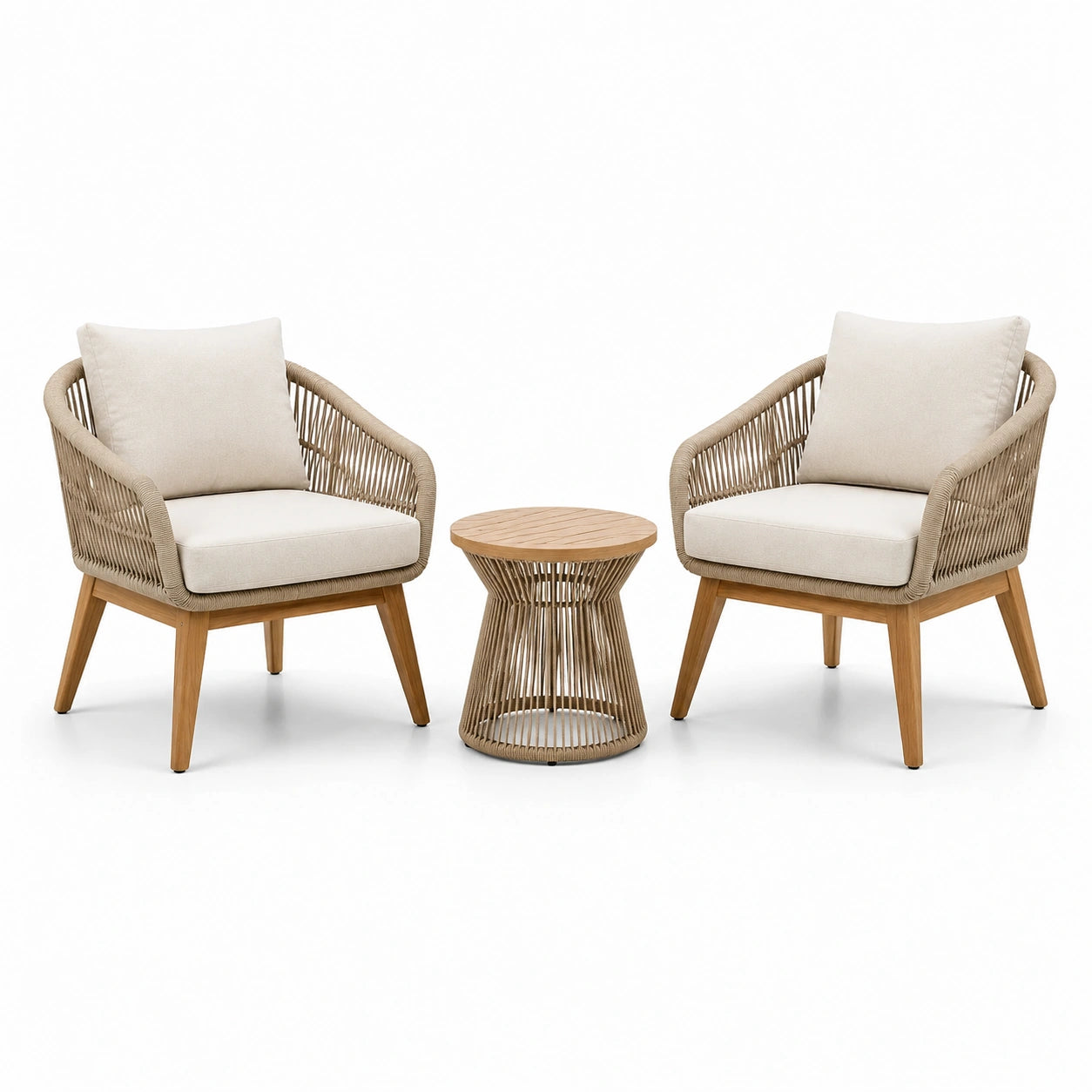 Conjunto de jardín con sillas de cuerda sintética y mesa de madera, beige