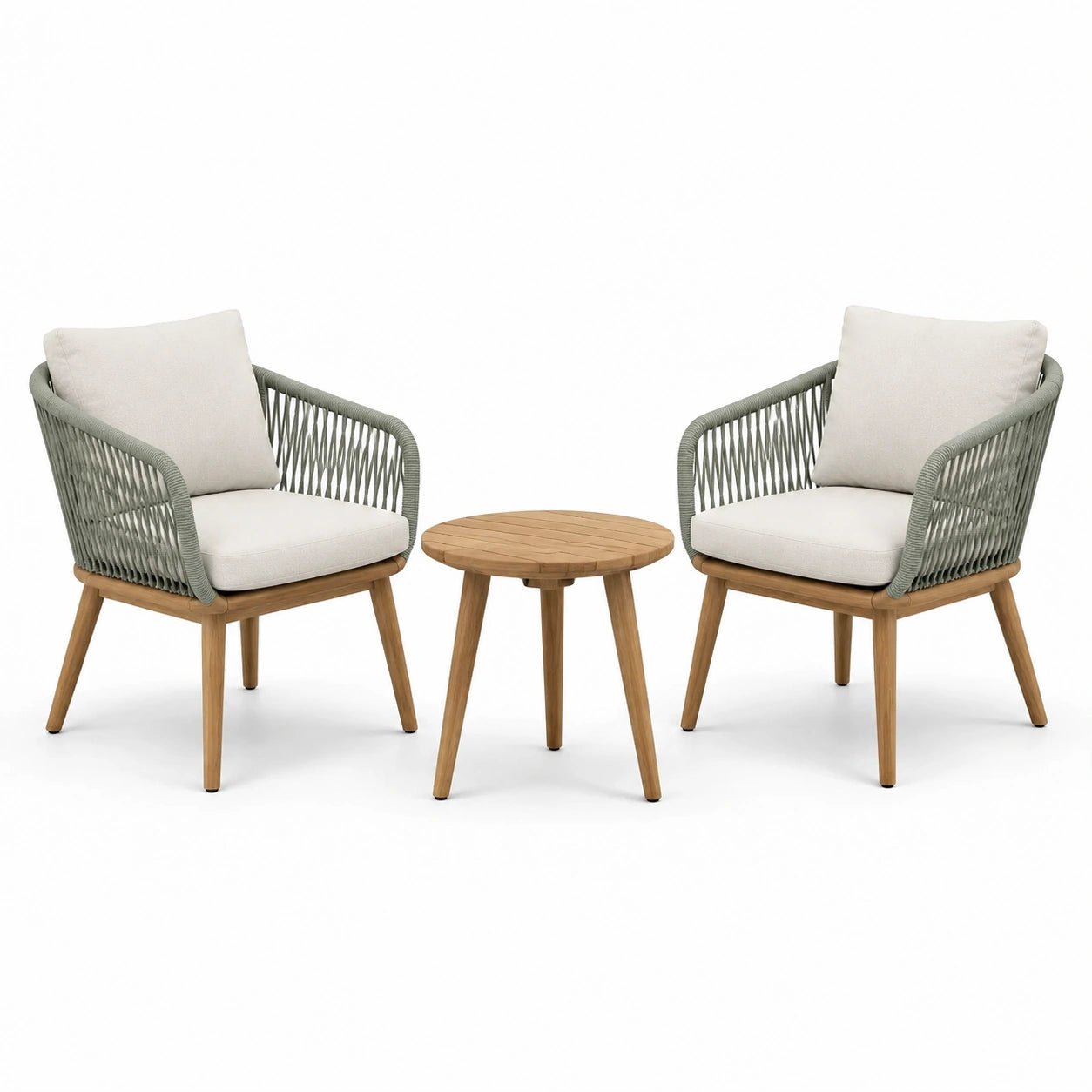 Conjunto de jardín de madera y cuerda con cojines crema, 2 sillas y mesa