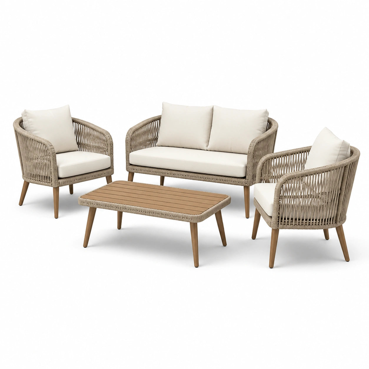 Conjunto de jardín de 4 piezas de mimbre sintético y madera con cojines beige