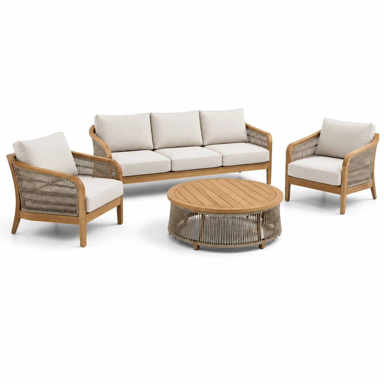 Conjunto de Sofá de Jardín de Madera y Cuerda con Cojines Beige 3 + 1 + 1
